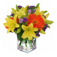 Colorful Joy Square Vase Yellow Lily and Gerbera Arrangement
