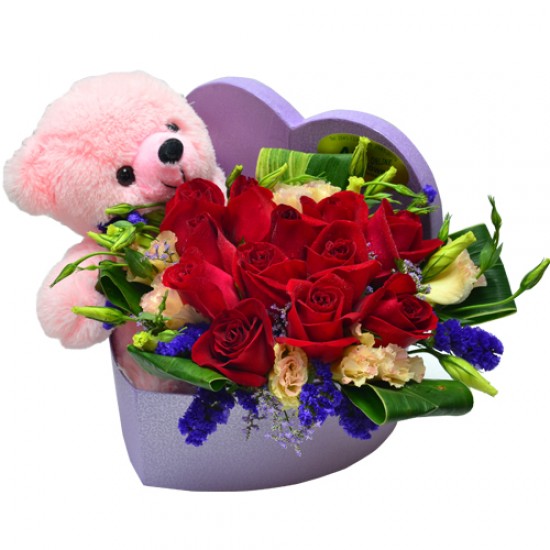 Eternal Love 12 pcs Red Roses in Heart Box with Teddy Bear
